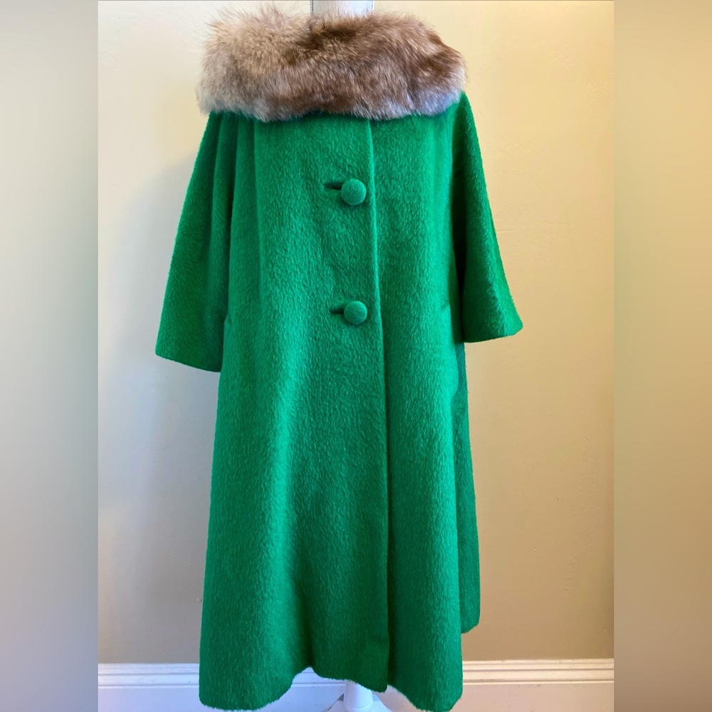 LILLI ANN green mohair-wool natural blue fox fur Norway size 12 vintage